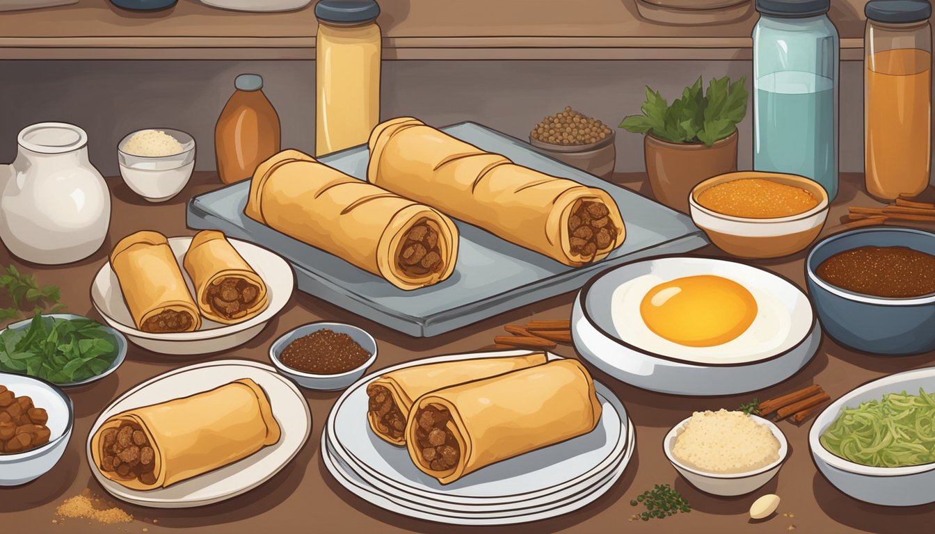 A plate of beef egg rolls sits on a kitchen shelf, surrounded by various spices and ingredients. The rolls appear freshly made and are covered in a light, flaky crust