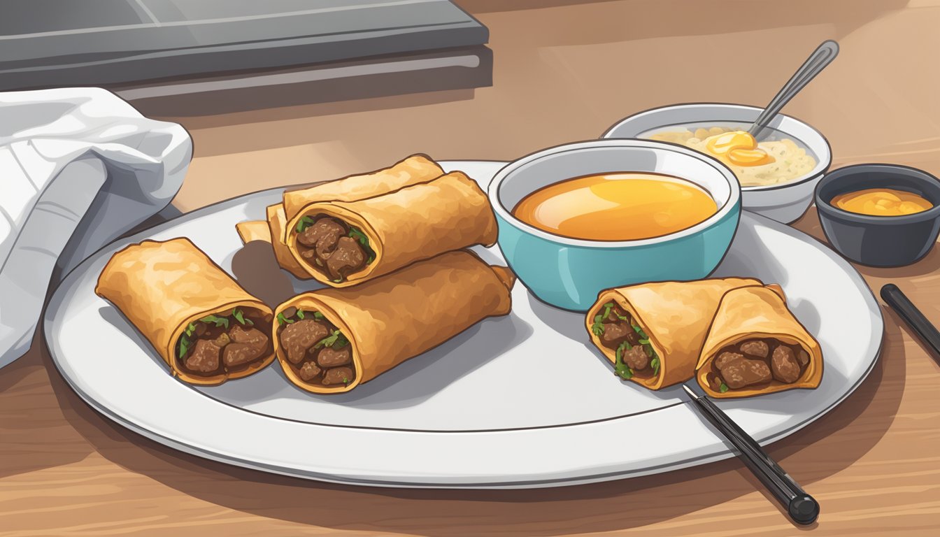 A plate of beef egg rolls sits on a kitchen counter, with a thermometer nearby indicating the temperature