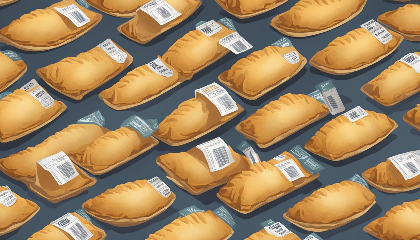 A stack of beef empanadas on a shelf, surrounded by various expiration date labels and packaging materials