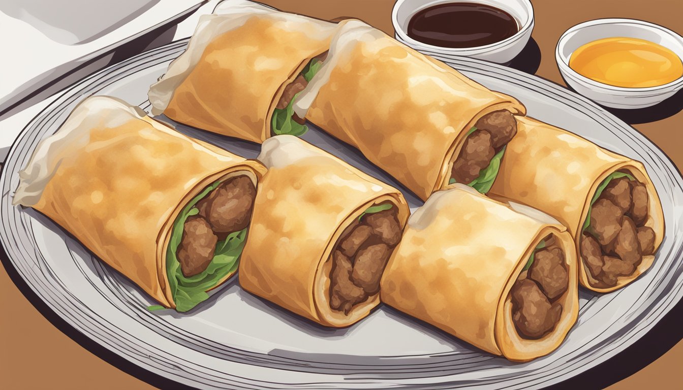 A plate of beef egg rolls sits on a table, with one roll cut in half to reveal the filling. Steam rises from the rolls, indicating they have been freshly reheated