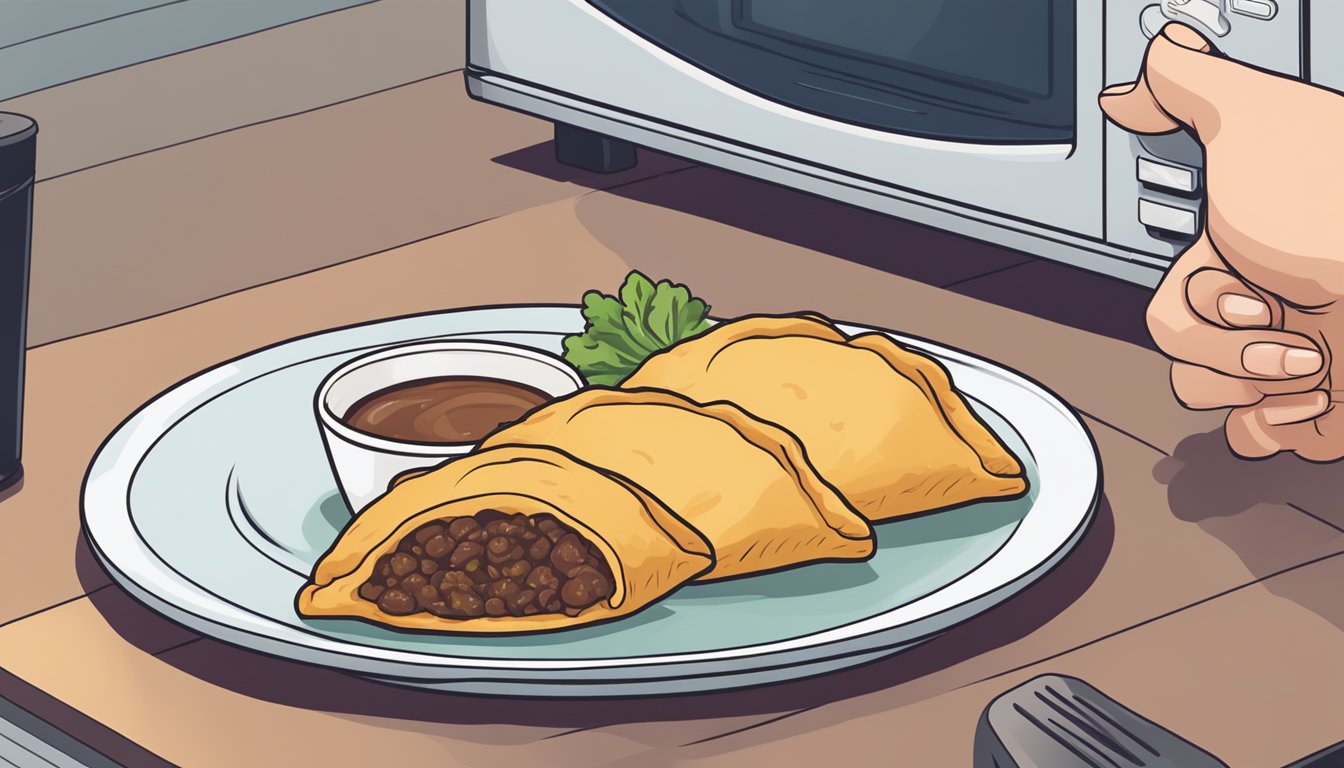 A hand placing beef empanadas on a plate, with a microwave in the background