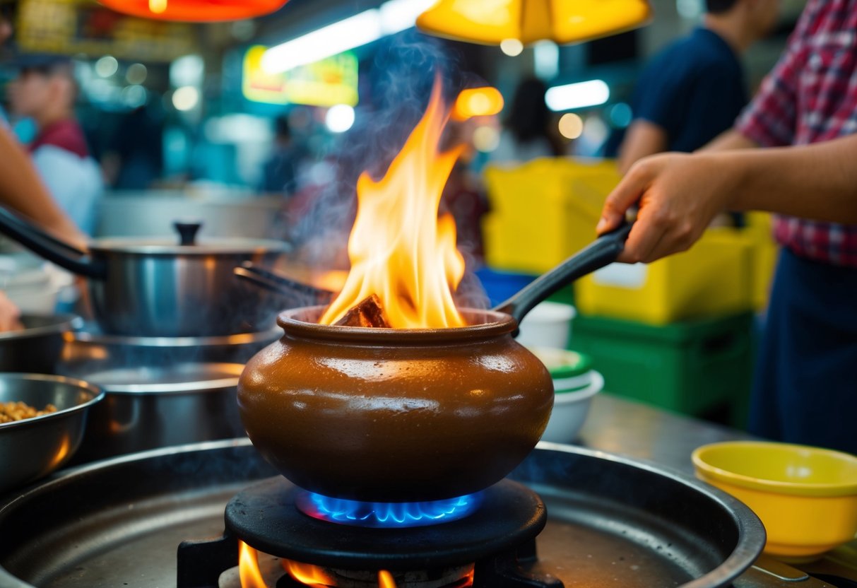 A claypot sizzling over a flame in a busy Singaporean market