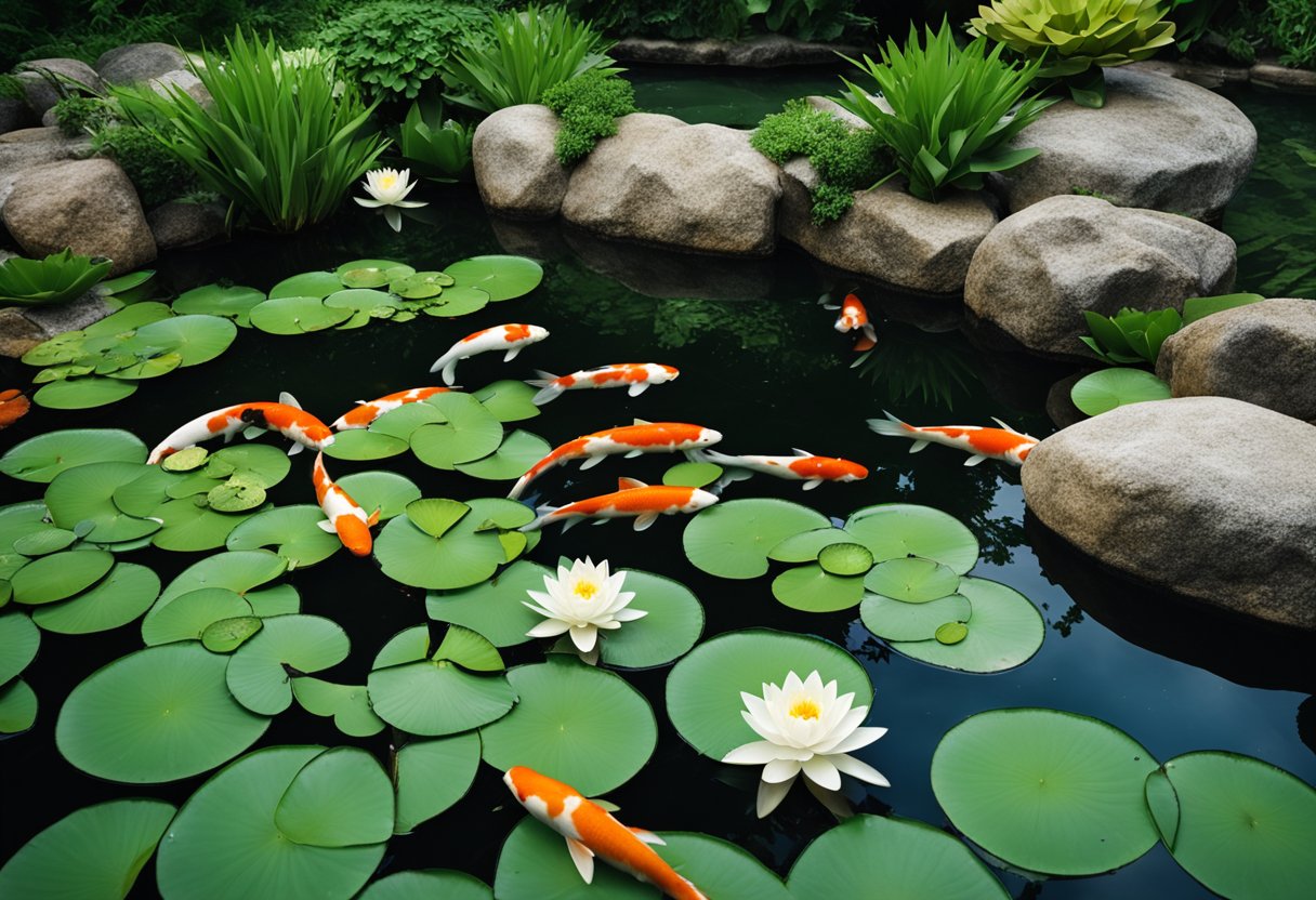 A koi pond with water lilies and rocks, surrounded by lush greenery, with white foam forming on the surface of the water