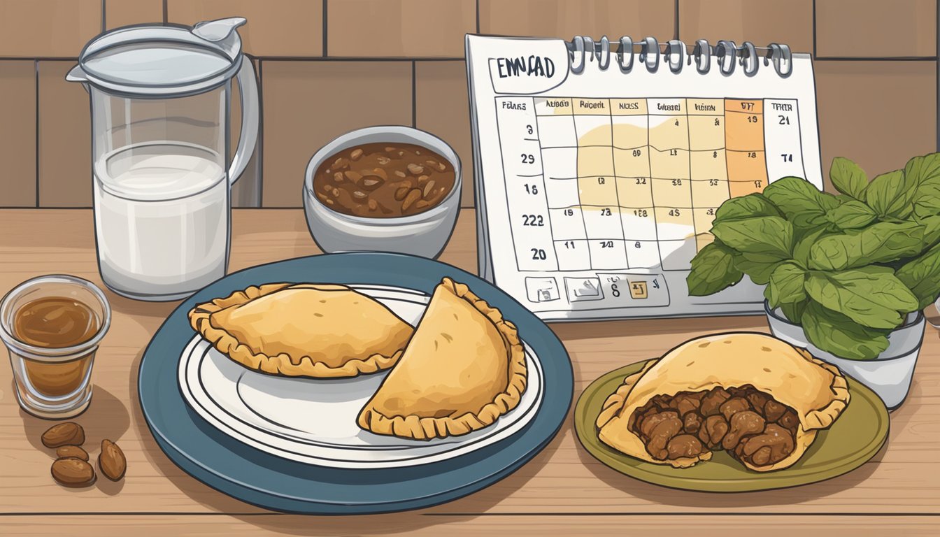 A plate of beef empanadas sits on a kitchen counter, surrounded by a calendar showing the date of purchase and a moldy empanada next to it