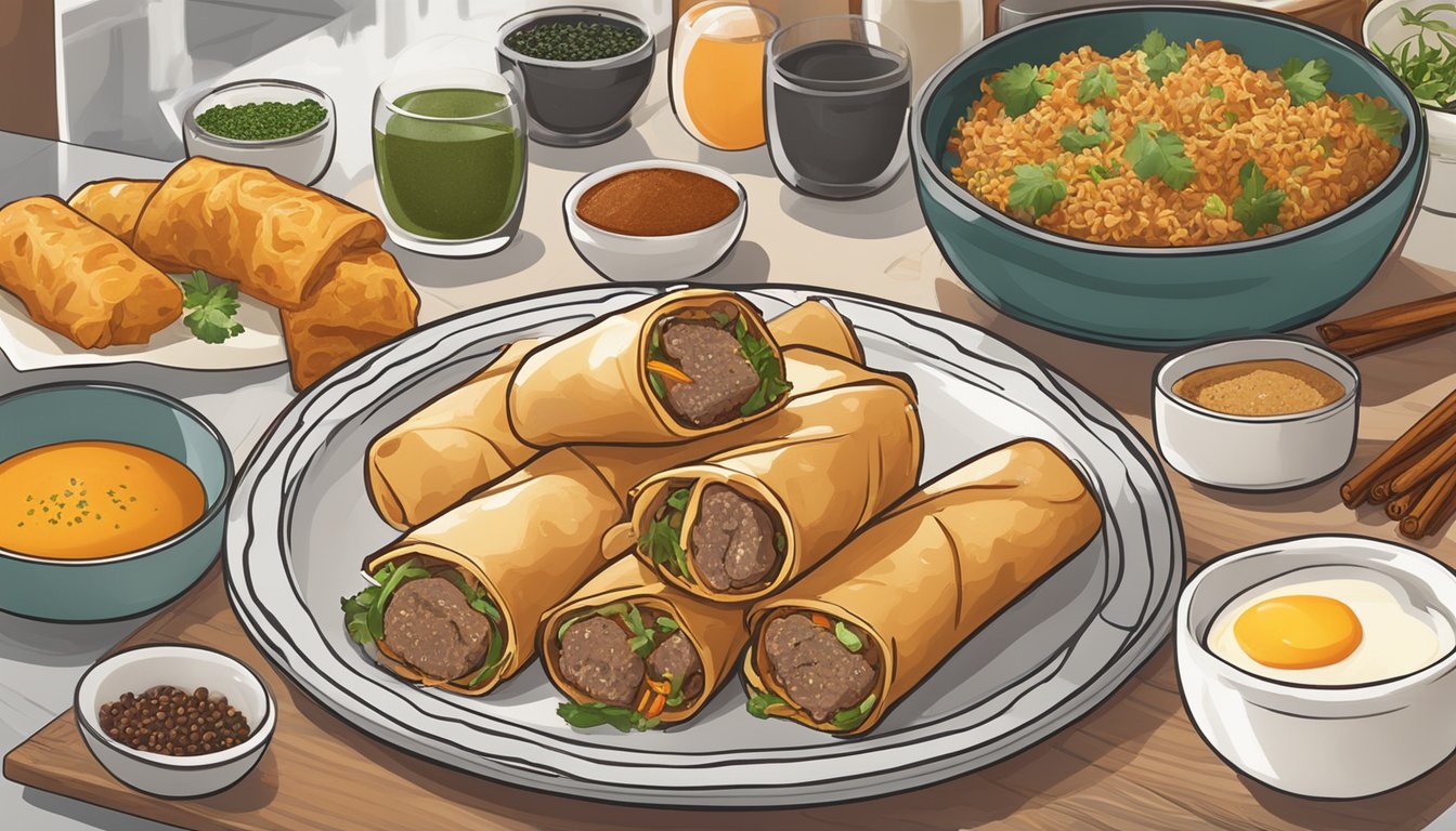 A plate of beef egg rolls sits on a kitchen counter, surrounded by a variety of spices and herbs. The rolls are freshly fried and still steaming, ready to be enjoyed