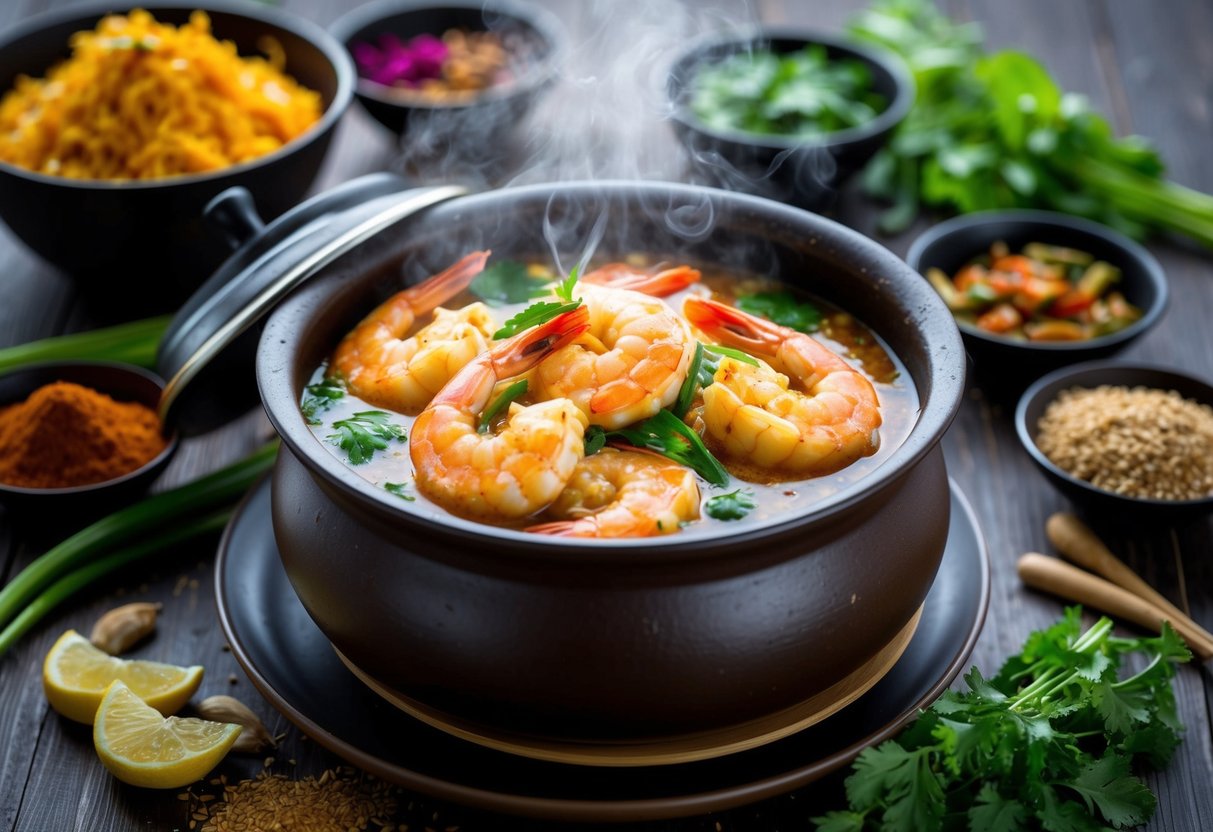 A steaming claypot filled with prawn laksa, surrounded by vibrant spices and herbs