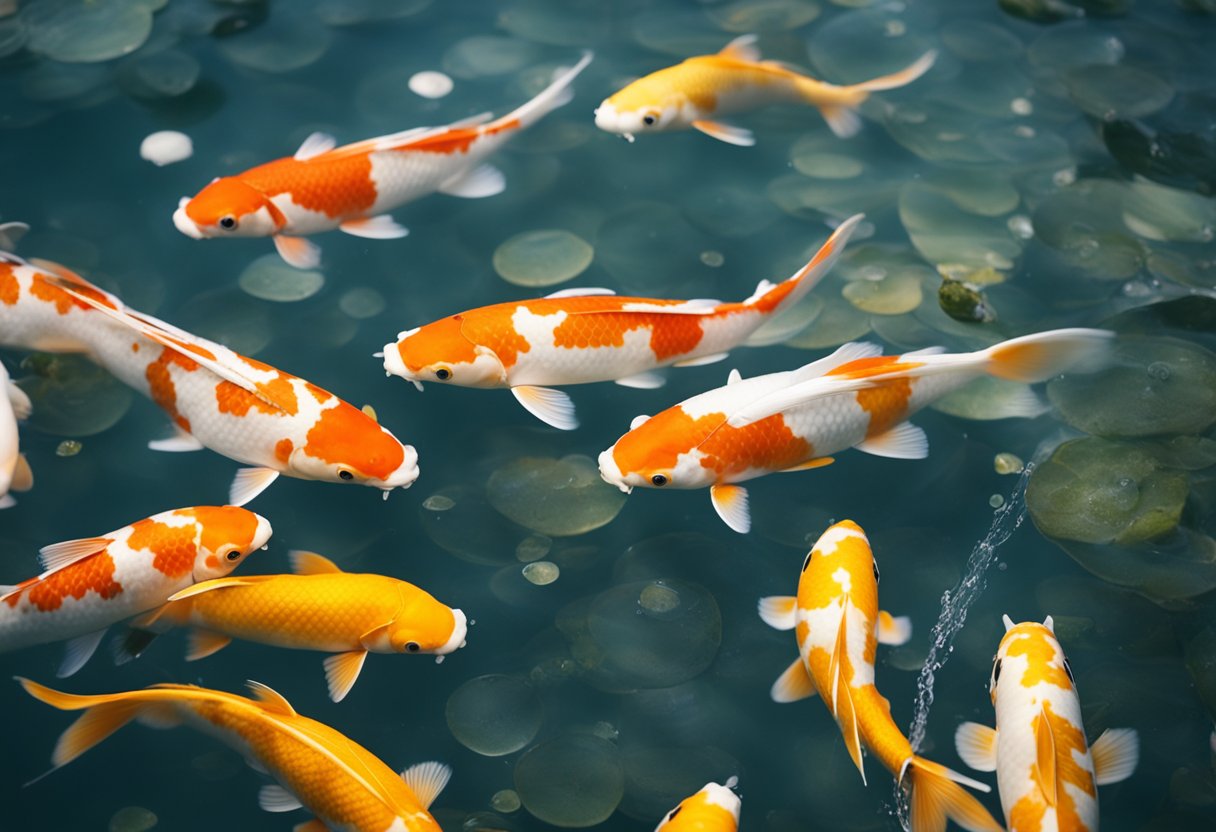 A koi pond with water bubbling and frothing, creating a layer of foam on the surface