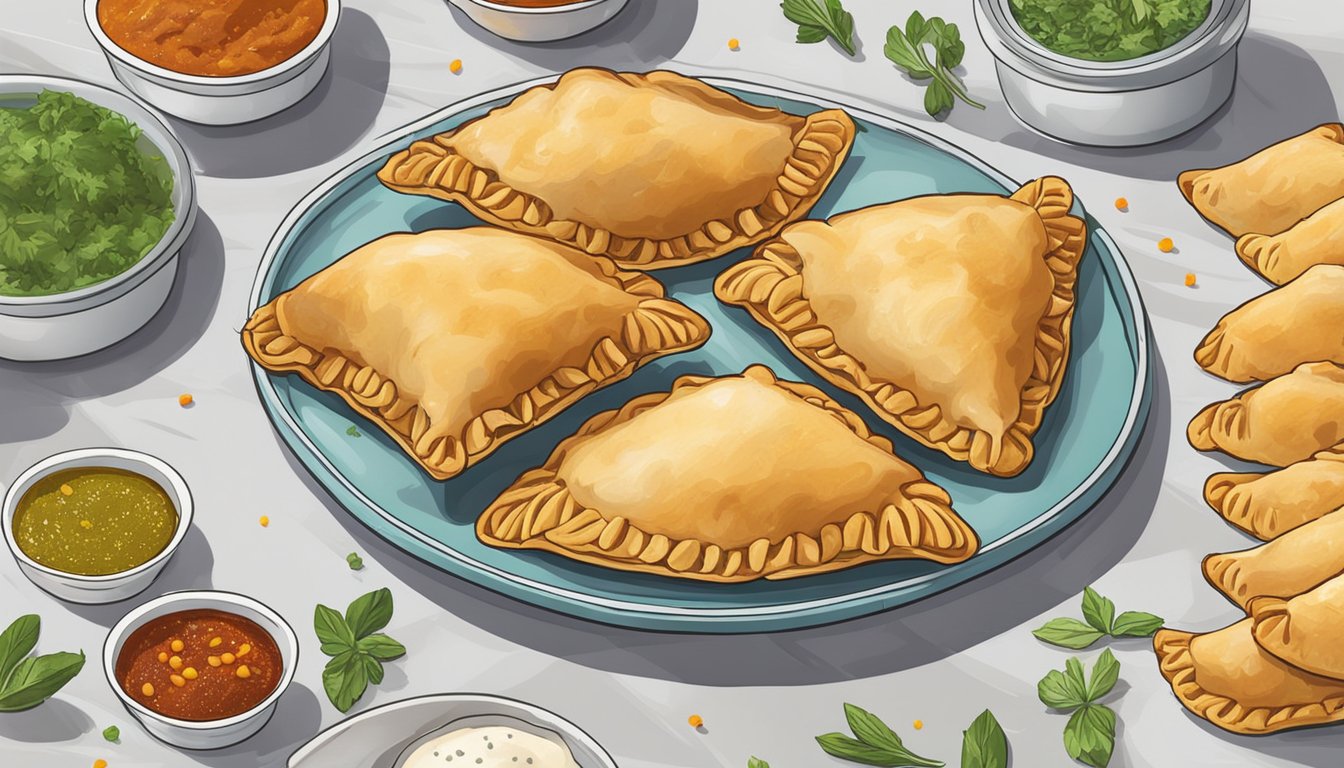 A plate of beef empanadas sits on a kitchen counter, covered in a clear plastic wrap. The empanadas appear freshly baked and are surrounded by colorful spices and herbs