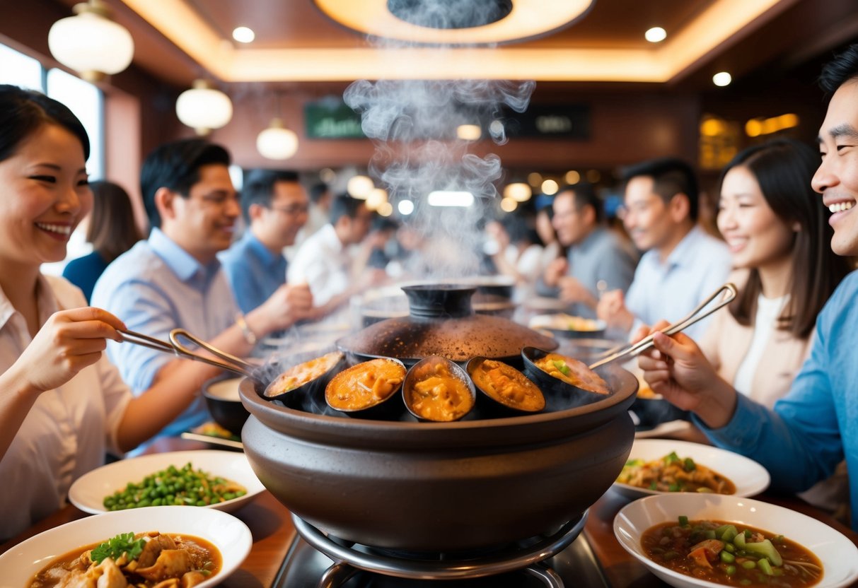A steaming claypot filled with sizzling, aromatic dishes surrounded by happy customers enjoying their meals at a bustling restaurant
