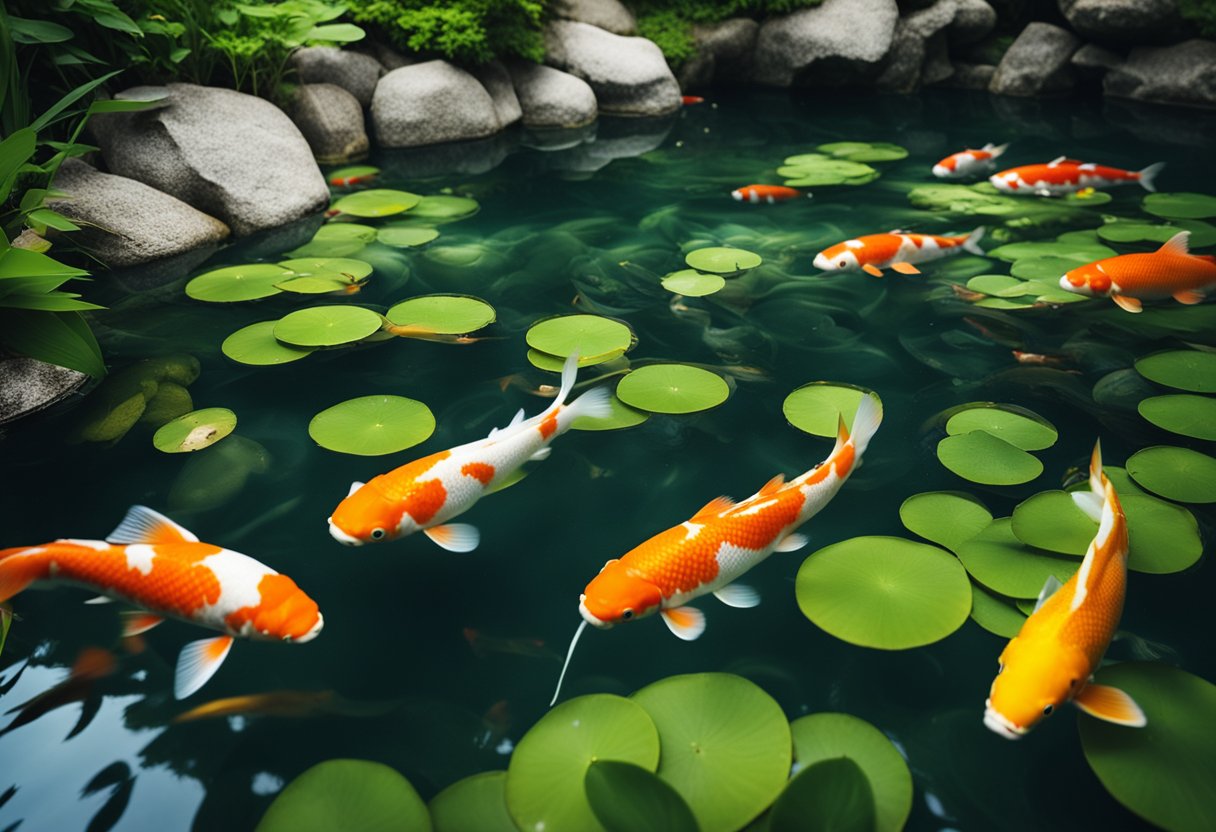 A serene koi pond with clear water and vibrant fish, surrounded by lush greenery. White foam gathers at the edges, indicating potential water quality issues