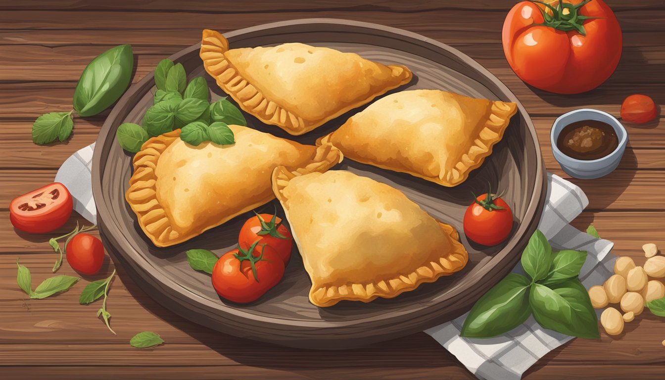 A plate of beef empanadas sits on a rustic wooden table, surrounded by vibrant ingredients like tomatoes, peppers, and herbs. The golden, flaky pastries are filled with savory beef and steam rises from their warm centers