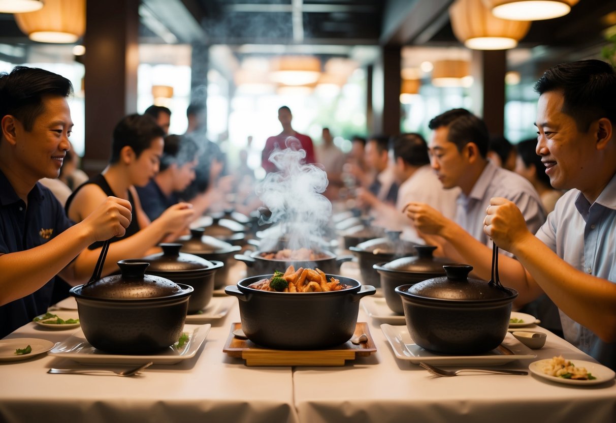 A table filled with steaming claypot dishes, surrounded by eager diners in a bustling Singapore restaurant
