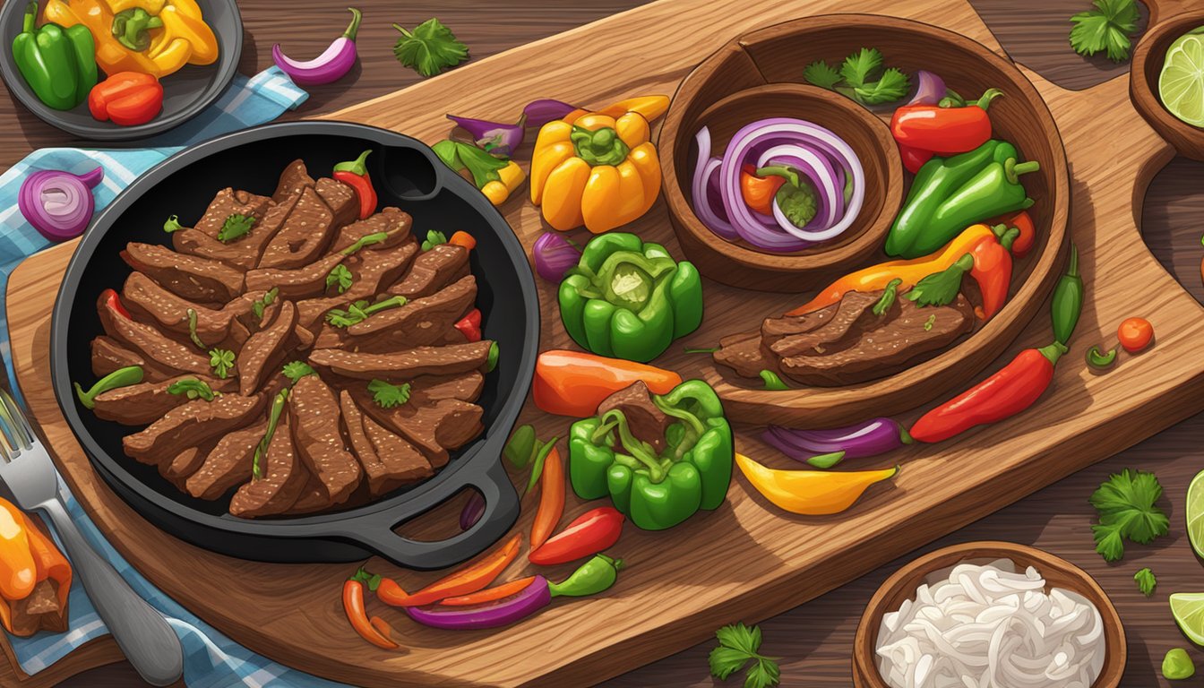 A sizzling skillet of beef fajitas surrounded by colorful bell peppers and onions on a wooden serving platter