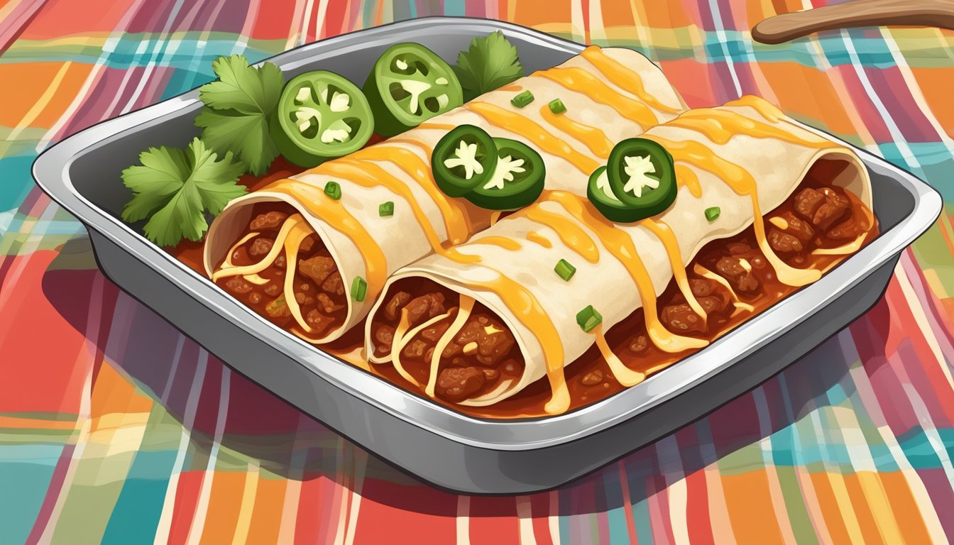 A pan of beef enchiladas with melted cheese and red sauce, garnished with fresh cilantro and sliced jalapenos, sits on a colorful tablecloth