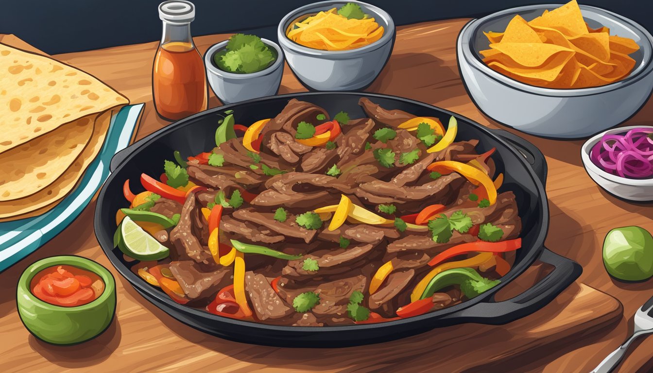 A sizzling skillet of beef fajitas being served at a restaurant table with colorful garnishes and a side of warm tortillas