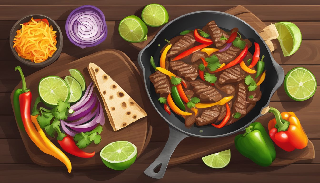 A sizzling skillet of beef fajitas, surrounded by colorful peppers and onions, with a side of warm tortillas and a garnish of fresh cilantro and lime