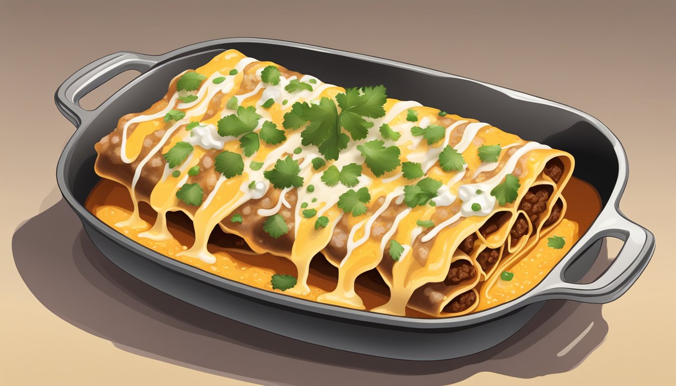 A sizzling pan of beef enchiladas fresh out of the oven, with melted cheese and a sprinkle of cilantro on top