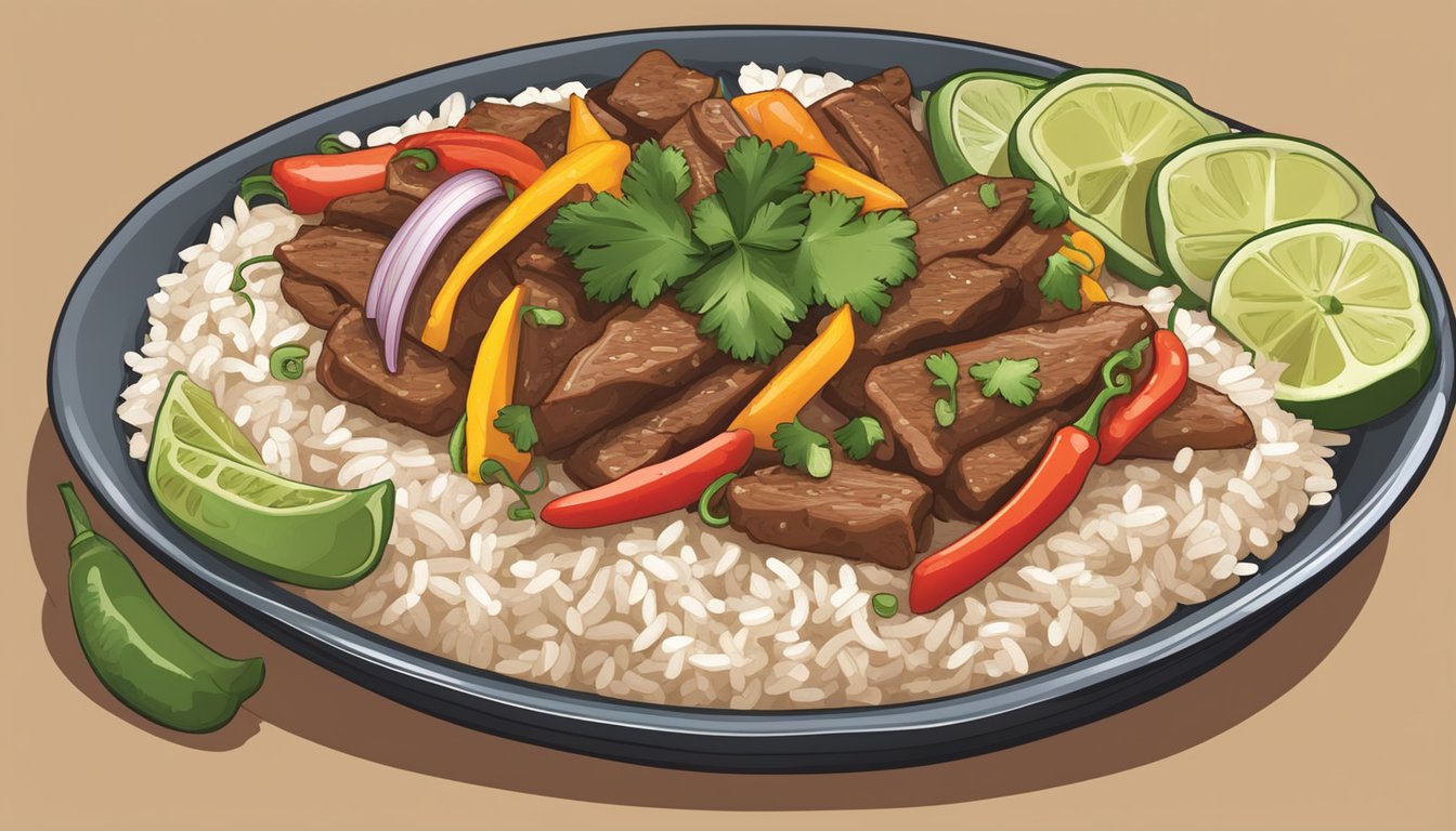 A sizzling skillet of beef fajita, peppers, and onions atop a bed of rice and beans, garnished with fresh cilantro and lime wedges, ready to be enjoyed