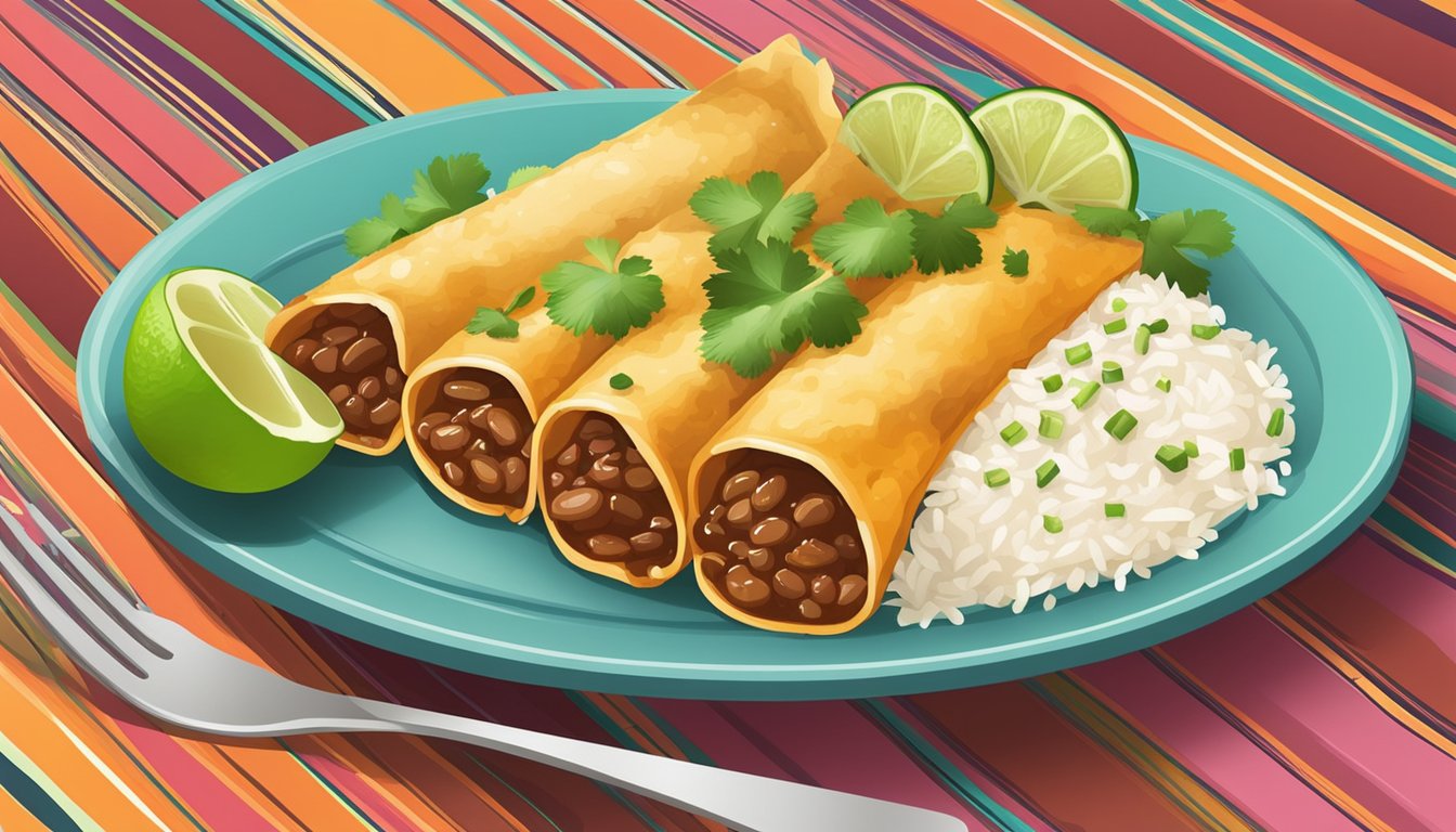 A plate of beef enchiladas with rice and beans, garnished with cilantro and lime, sits on a colorful tablecloth