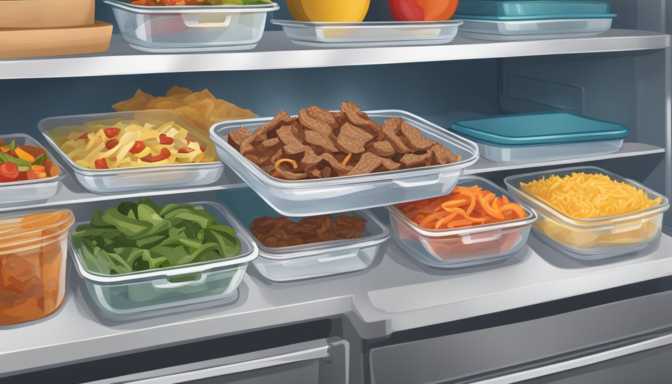 A sealed container of beef fajita bowls sits in a refrigerator next to a labeled date. The bowls are surrounded by other properly stored food items