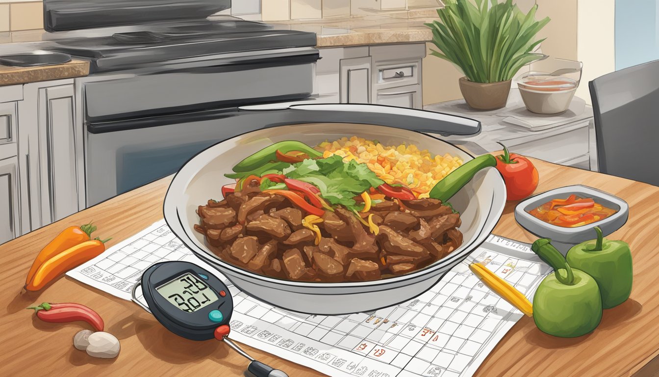 A beef fajita bowl sits on a kitchen counter, surrounded by a digital food thermometer and a calendar indicating the current date