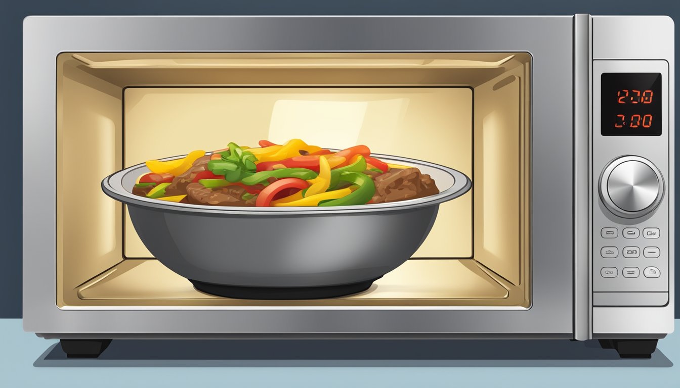 A microwave with a beef fajita bowl inside, the timer set for reheating