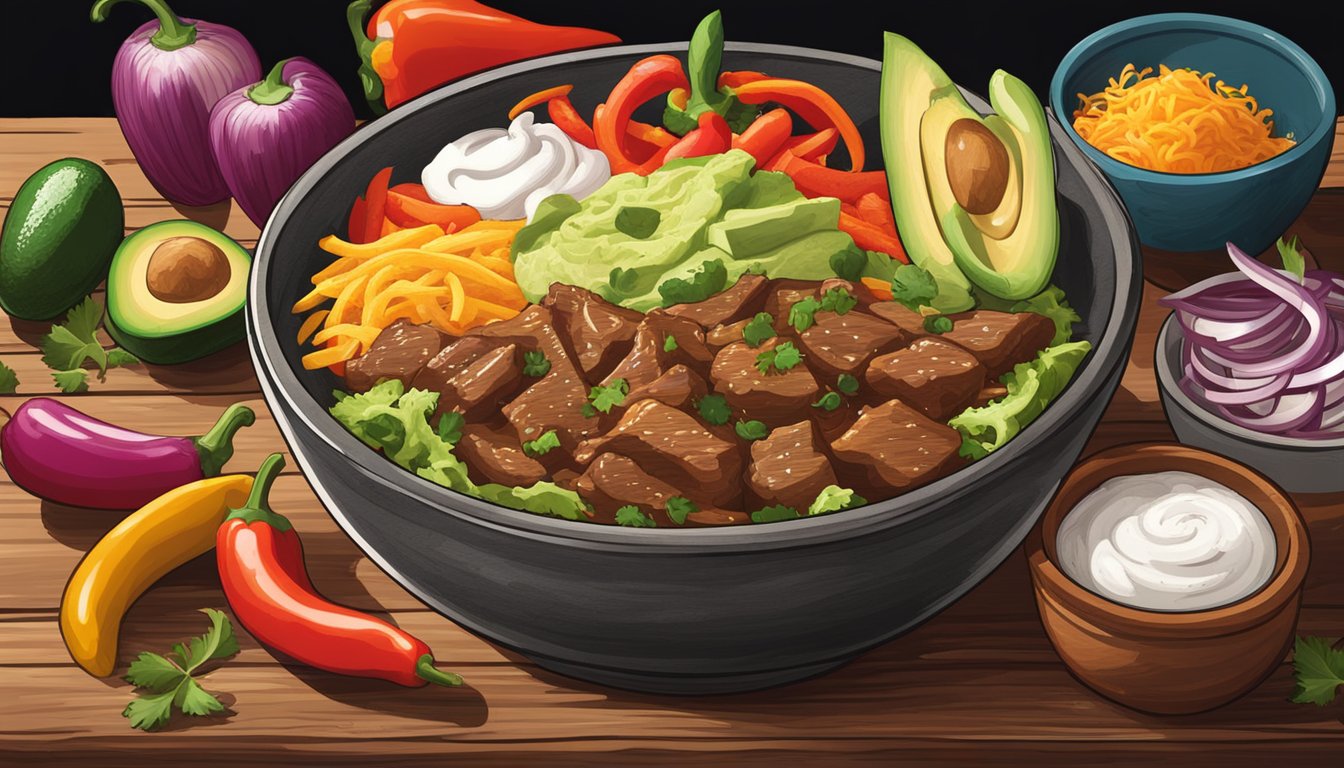 A sizzling beef fajita bowl sits on a rustic wooden table, surrounded by vibrant, fresh ingredients like peppers, onions, and avocado. A cloud of steam rises from the bowl, enhancing the delicious aroma