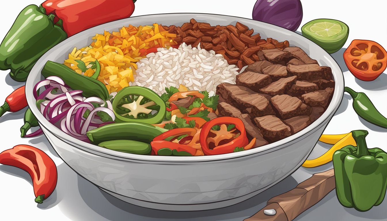 A colorful array of leftover fajita mix ingredients arranged in a bowl, with slices of beef, peppers, onions, and rice, ready to be enjoyed