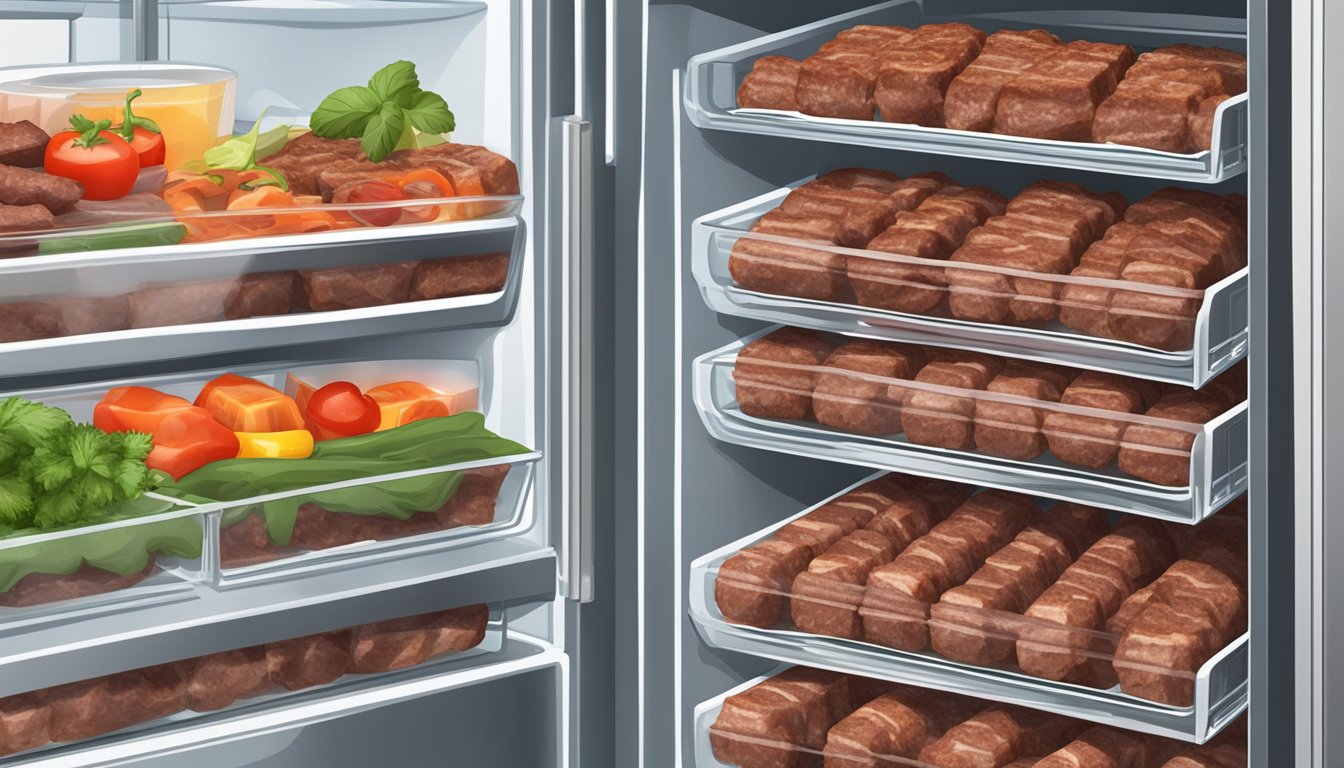 A refrigerator with neatly arranged beef kebabs in sealed containers, labeled with the date of preparation