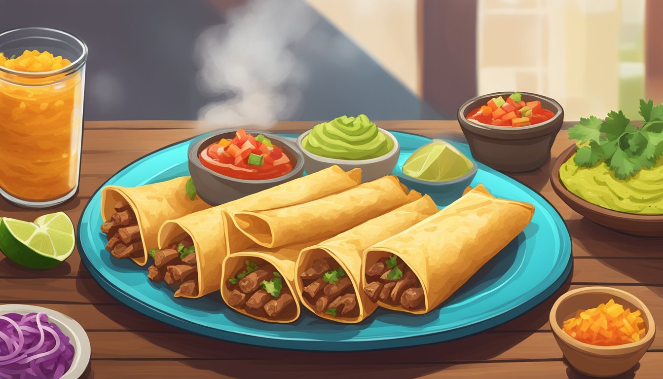 A plate of beef flautas sits on a wooden table, surrounded by colorful salsa and guacamole. Steam rises from the crispy, golden flautas, indicating their freshness