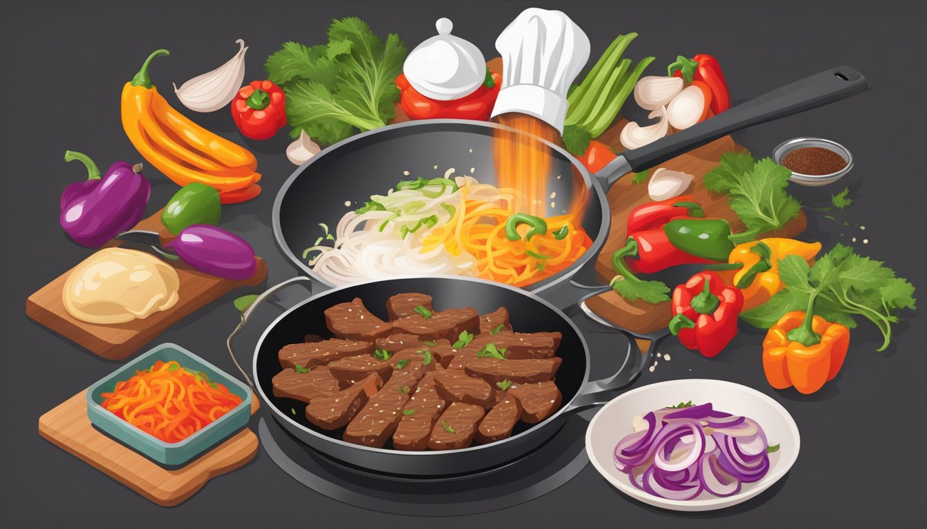 Sizzling beef strips in a hot skillet, colorful peppers and onions being sautéed alongside, a chef sprinkling seasoning over the ingredients