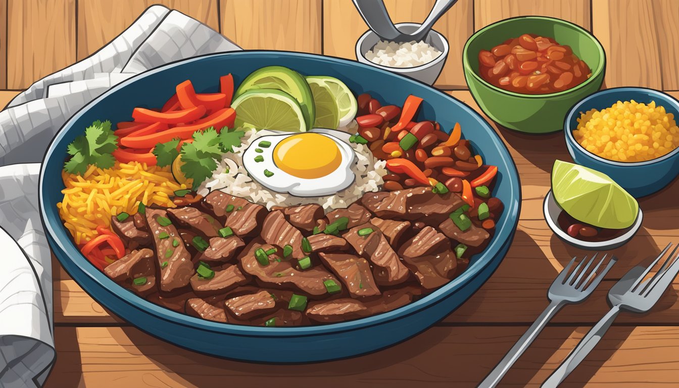 A colorful bowl filled with beef fajitas, rice, beans, and assorted toppings, sitting on a wooden table with a fork and napkin nearby