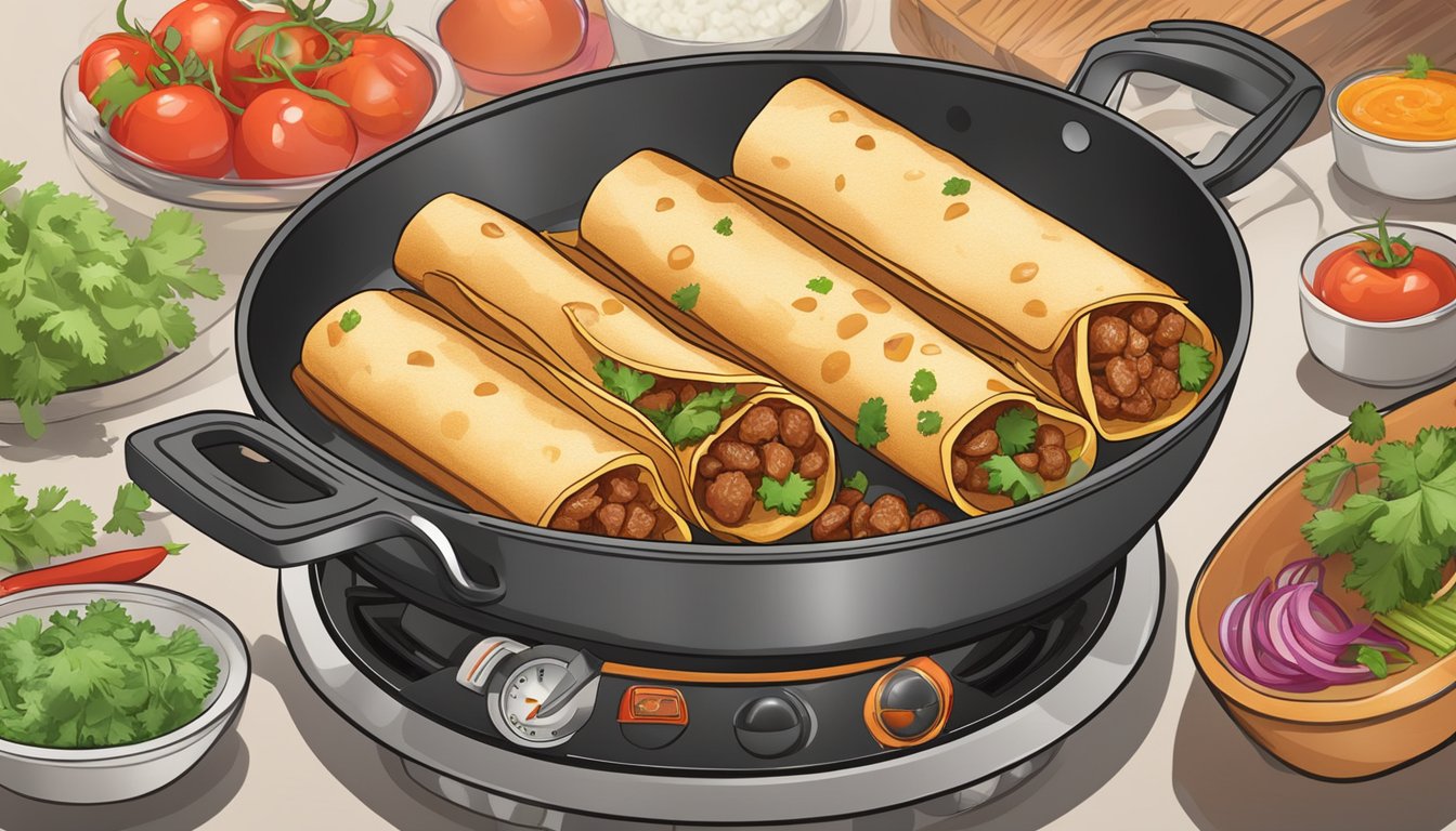 Sizzling beef flautas being fried in a pan, surrounded by colorful ingredients like tomatoes, onions, and cilantro, with a timer in the background