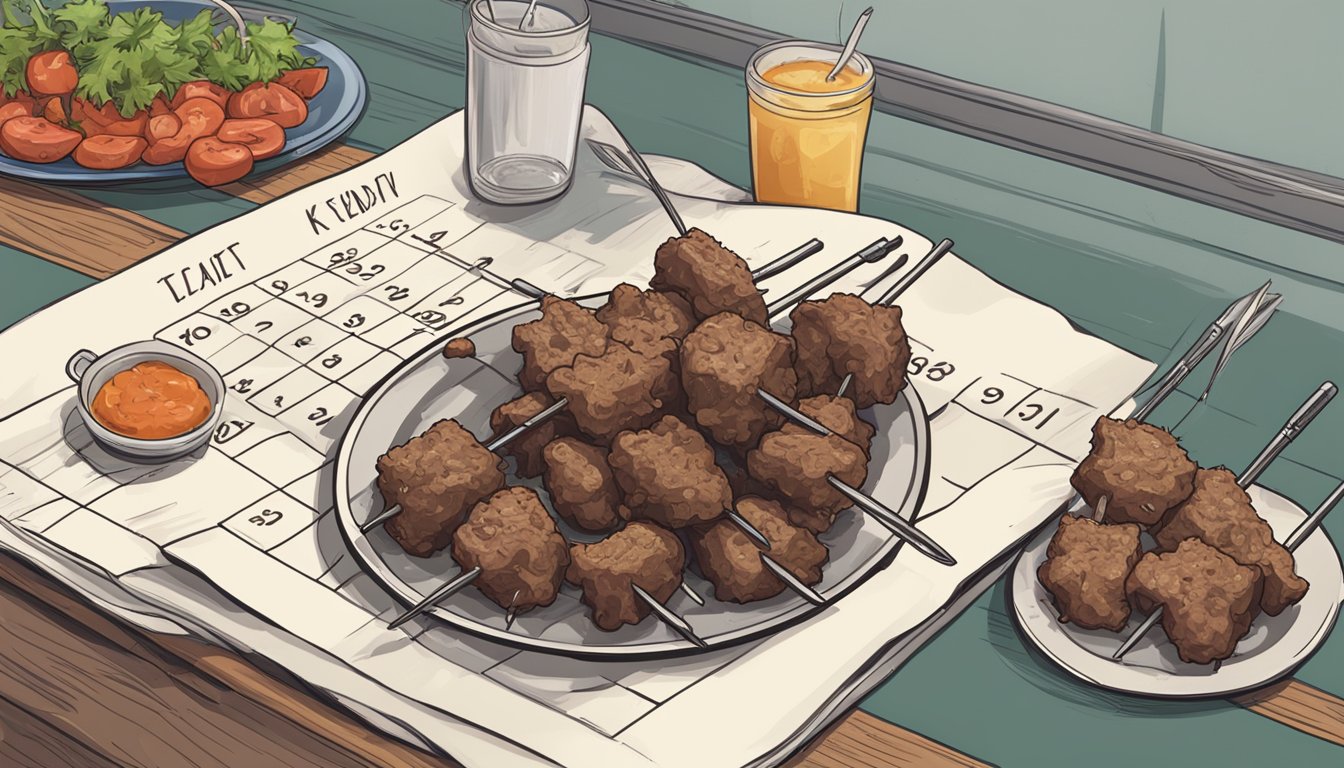 A pile of spoiled beef kebabs with mold and a foul odor, sitting on a plate next to a calendar showing the current date