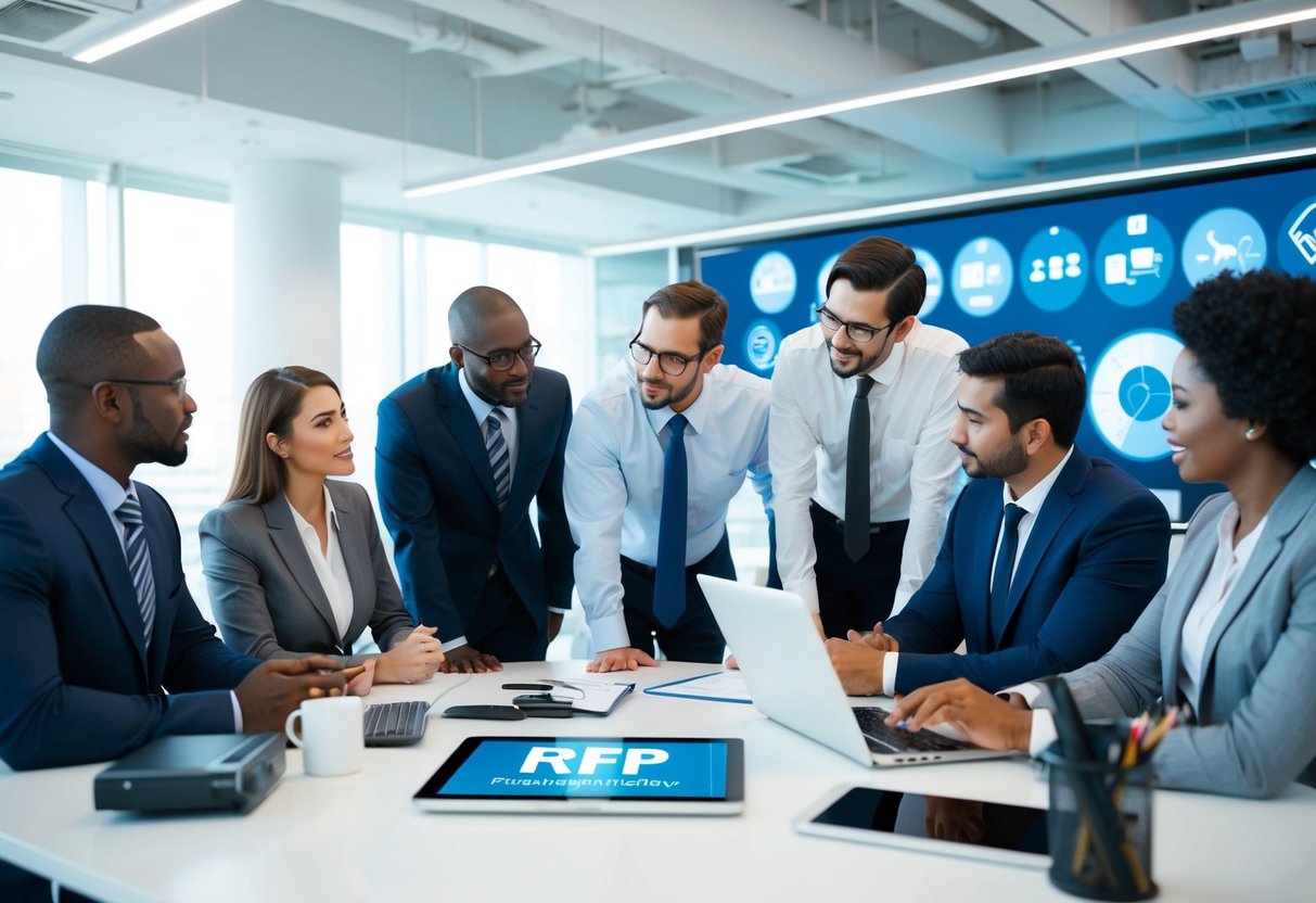 Un groupe de professionnels divers discutant des spécificités de l'appel d'offres dans un cadre de bureau moderne avec des équipements technologiques et des visuels liés à l'industrie.