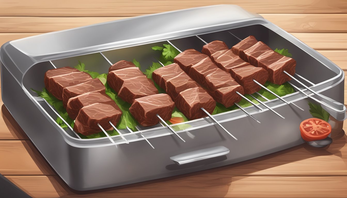 Fresh beef kebabs on a clean cutting board, wrapped in plastic and stored in a refrigerator