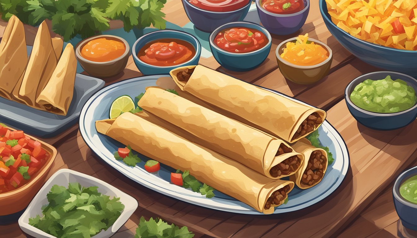 A plate of beef flautas sits on a table, surrounded by colorful garnishes and accompanied by a side of salsa