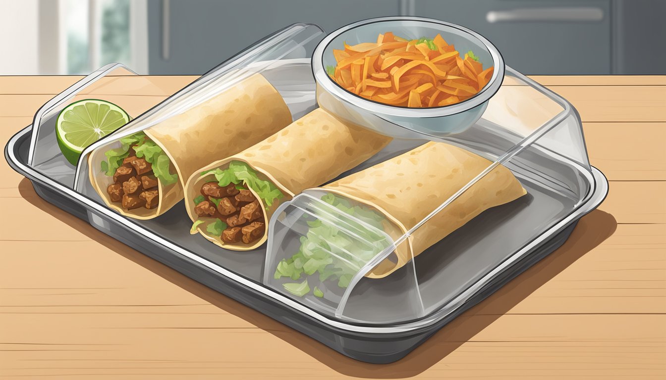 A plate of beef flautas sits on a kitchen counter, covered with a clear lid to maintain freshness. The counter is clean and well-lit, with no signs of food waste