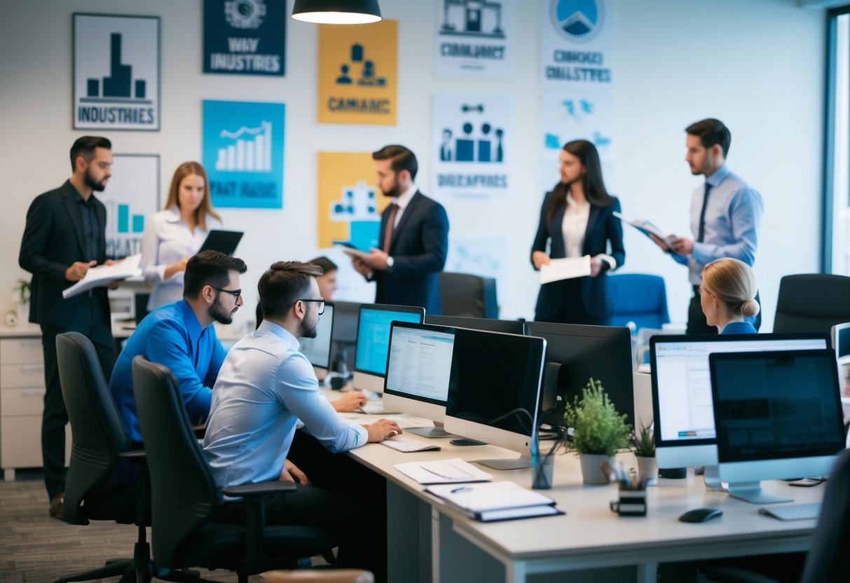 Un bureau animé avec des personnes travaillant sur des ordinateurs, discutant de documents et échangeant des idées. Divers secteurs représentés à travers des affiches et des symboles sur les murs.