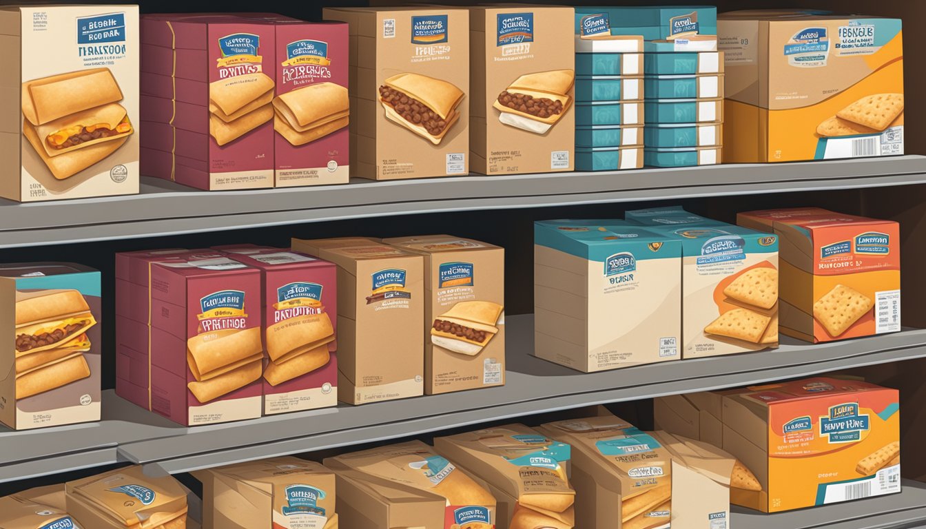 A pantry shelf with neatly stacked boxes of beef hot pockets, alongside a label indicating the expiration date