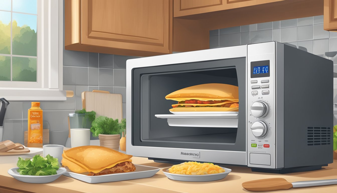 A microwave with a beef hot pocket inside, a timer set for reheating, and a kitchen countertop with cooking utensils scattered around