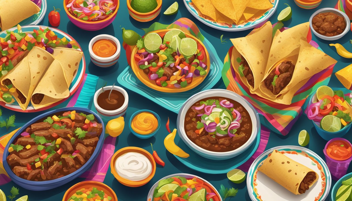 A colorful fiesta with traditional Mexican decorations and food, including a plate of beef flautas, surrounded by vibrant music and dancing