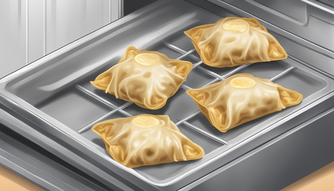 A package of beef potstickers stored in a refrigerator with a clearly labeled expiration date