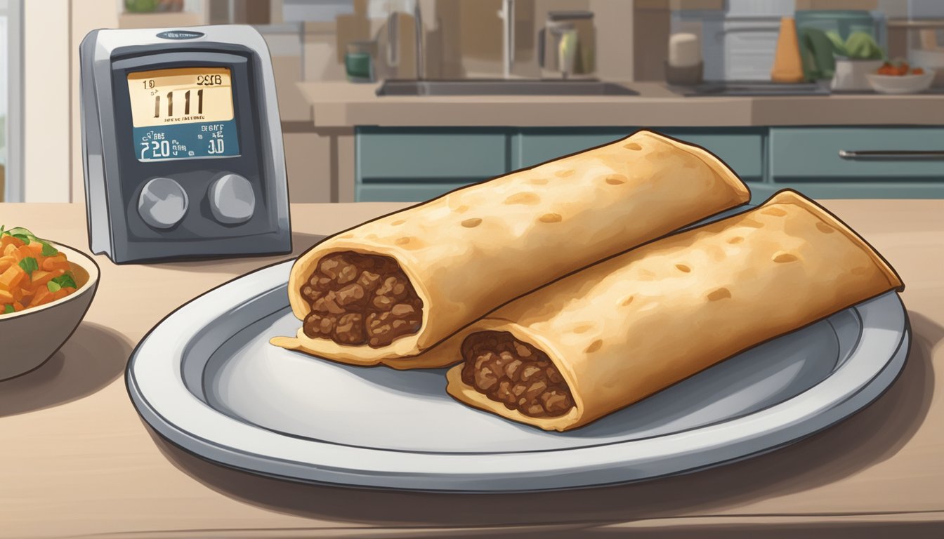 A package of beef hot pockets sits on a kitchen counter, with a visible expiration date and a concerned expression on a thermometer nearby