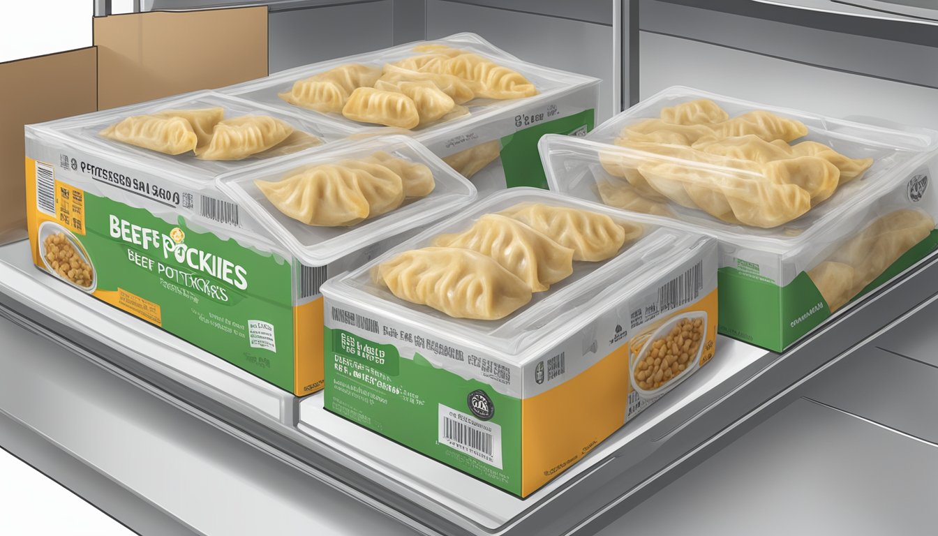 A package of beef potstickers sits on a shelf, surrounded by other frozen foods. The potstickers are sealed in plastic and have a label indicating the expiration date