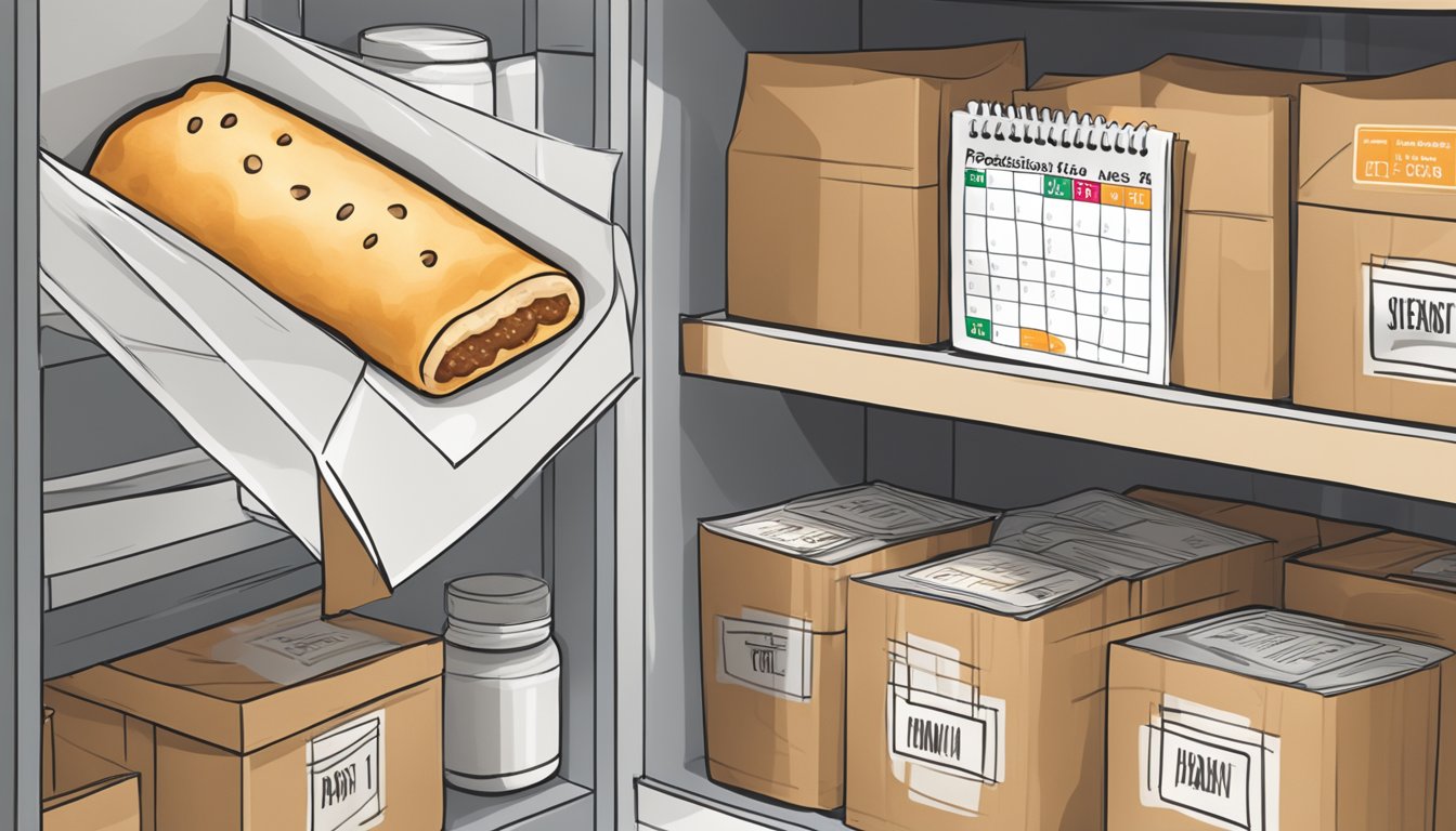 A beef hot pocket sits in a sealed package on a pantry shelf. A calendar on the wall displays the current date