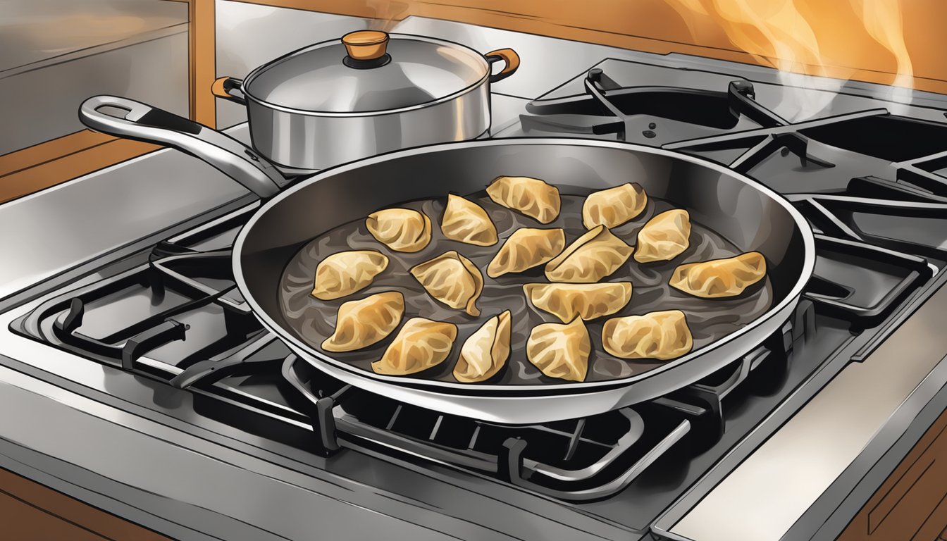 A chef flips beef potstickers in a sizzling pan on a stovetop. Steam rises as they cook to golden brown perfection