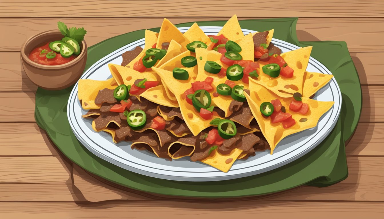 A plate of beef nachos with cheese, jalapenos, and salsa on a wooden table