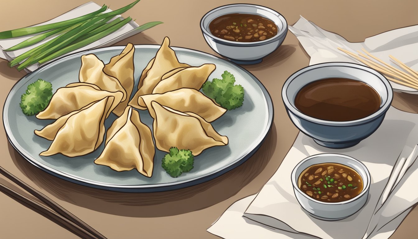 A table with a plate of homemade beef potstickers on one side and a package of commercial beef potstickers on the other