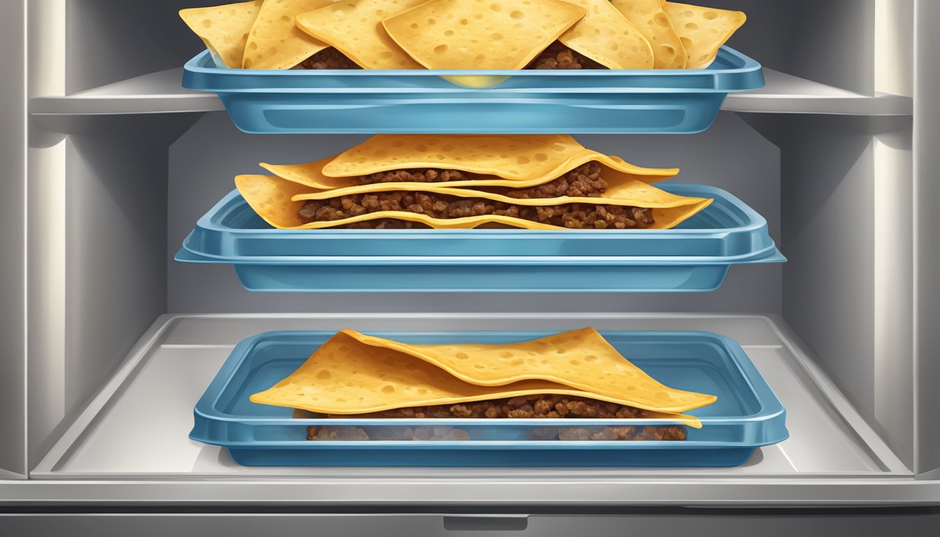 A stack of beef nachos stored in an airtight container in a refrigerator